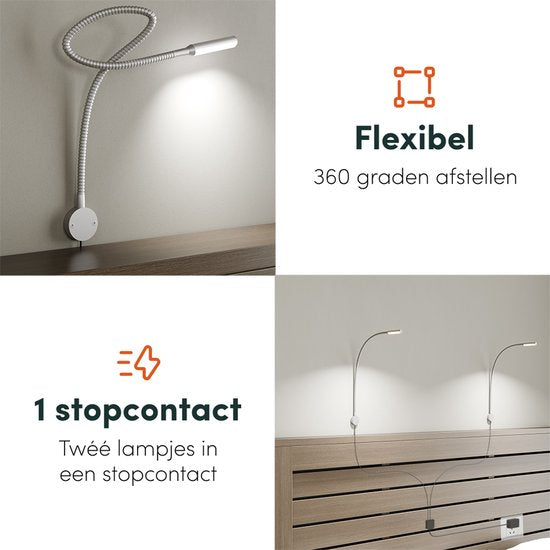 Nolt Leeslamp voor in Bed - Nachtlampje Dimbaar - 2 Bedlampjes - Bedlamp Slaapkamer - Leeslampjes Hoofdbord - Leeslampje Volwassenen