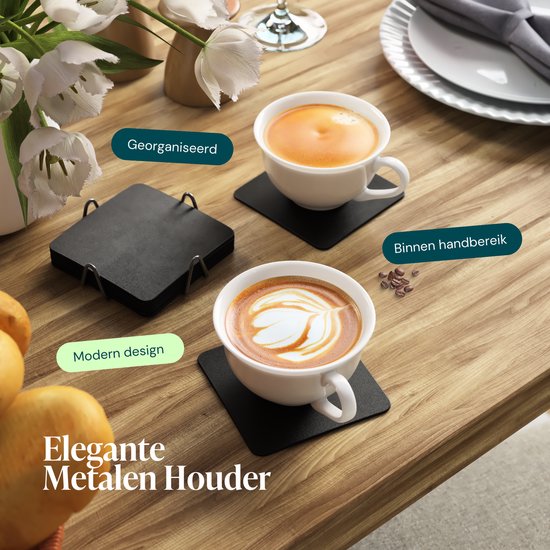 Castagnola Kunstlederen Onderzetters – Onderzetters voor Glazen – Design Onderzetters met Houder – Leren Onderzettersset met metalen houder – Leder – Set van 10 - Zwart - 10x10cm