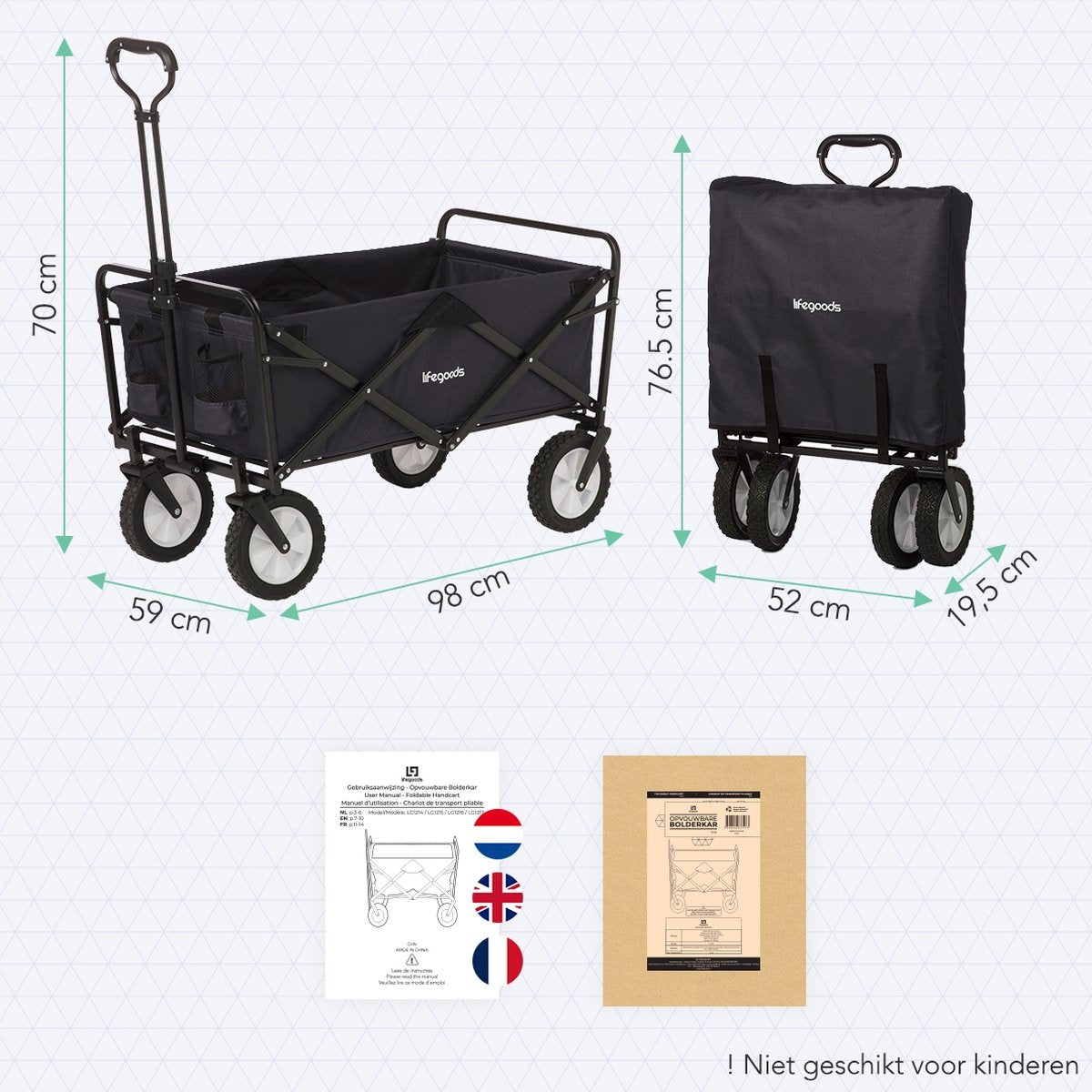 LifeGoods Bolderkar - Opvouwbaar - Draaibare wielen - 2 Standen - 70KG Draagkracht - Zwart