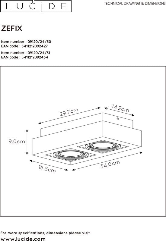 Lucide ZEFIX - Plafondspot (Plafondlamp) - LED Dim to warm - GU10 (ES111) - 2x12W 2200K/3000K - Zwart