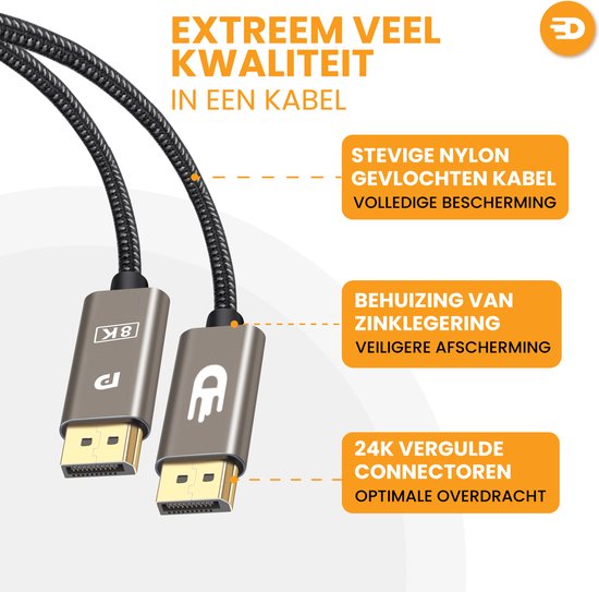Drivv. Displayport Kabel - 8K 60Hz - 4K 144 Hz - 32.4GBps - Displayport 1.4 - DP Kabel - 1 meter - Modern Grey
