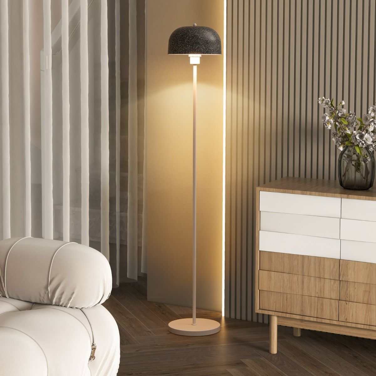 Coast Vloerlamp 146 cm Grijs-Wit met Kap en Voetschakelaar – Moderne Staande Lamp met Verzwaarde Voet en E27 Fitting