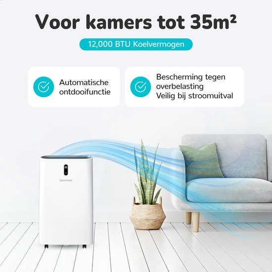Bloomfold Mobiele Airco - 12.000 BTU - 4-in-1 - Airconditioning met Raamafdichtingskits - Slaapkamer - Woonkamer - tot 35m² koelen
