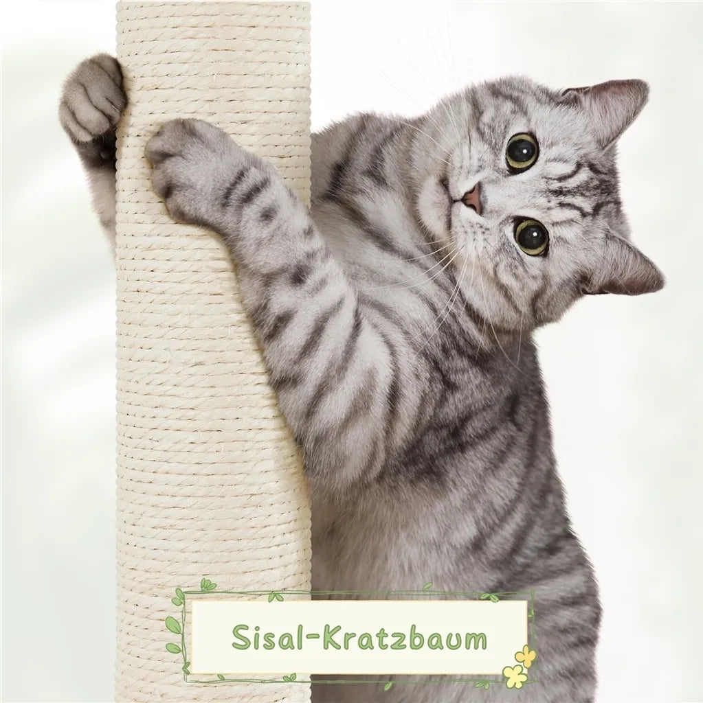 Yaheetech Krabpaal 137,5 cm Rattan met Kattenhuis, Beige