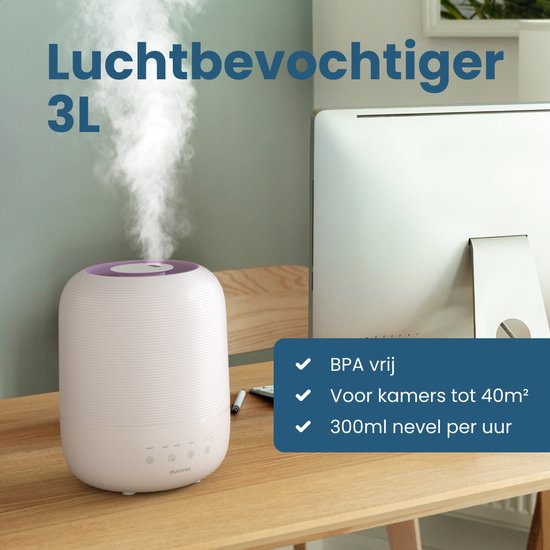 Auronic Luchtbevochtiger - 3L - Geschikt voor Slaapkamer, Babykamer, Kantoor, Woonkamer en Meer - Humidifier - BPA-Vrij - Wit