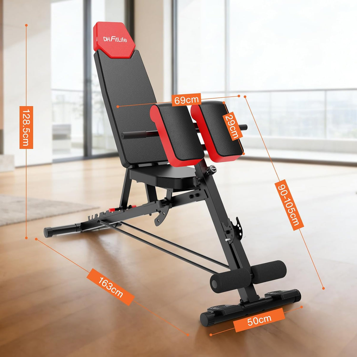 DH FitLife Halterbank 6-in-1 - Verstelbare Rugleuning - Hyperextension & Nordic Curl - Tot 350 kg - 163 x 50 x 130 cm - Zwart