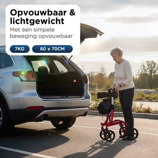 Medzone Rollator Lichtgewicht en Opvouwbaar - Zitfunctie - Binnen en Buiten - Rugleuning en Wandelstok Houder - Champagne - Rood