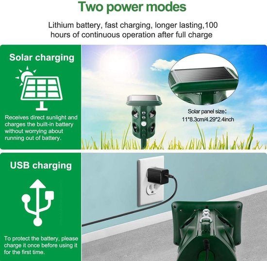 Fuegobird Ultrasone verjager - Dierenverjager - Diervriendelijke verjager - Supersonisch Flash Kattenverjager - Met Smart Modus - Ultrasone - Werkt op zonne-energie / USB oplaadkabel
