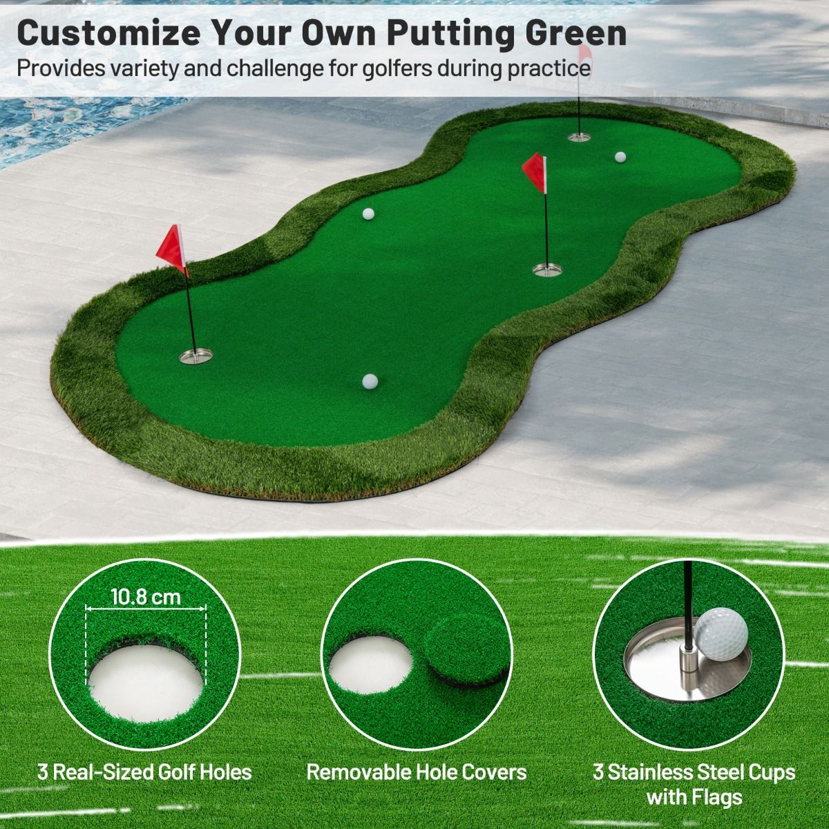 Coast Golf Puttingmat - 3 gaten - inclusief golfballen en vlaggen - 300 x 150 cm - groen