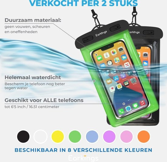 Waterdichte telefoonhoesjes - Drybag Set van 2 stuks - Onderwater Hoesje Telefoon voor Alle Telefoons - Waterdicht telefoonhoesje Earkings - Zwart & Groen