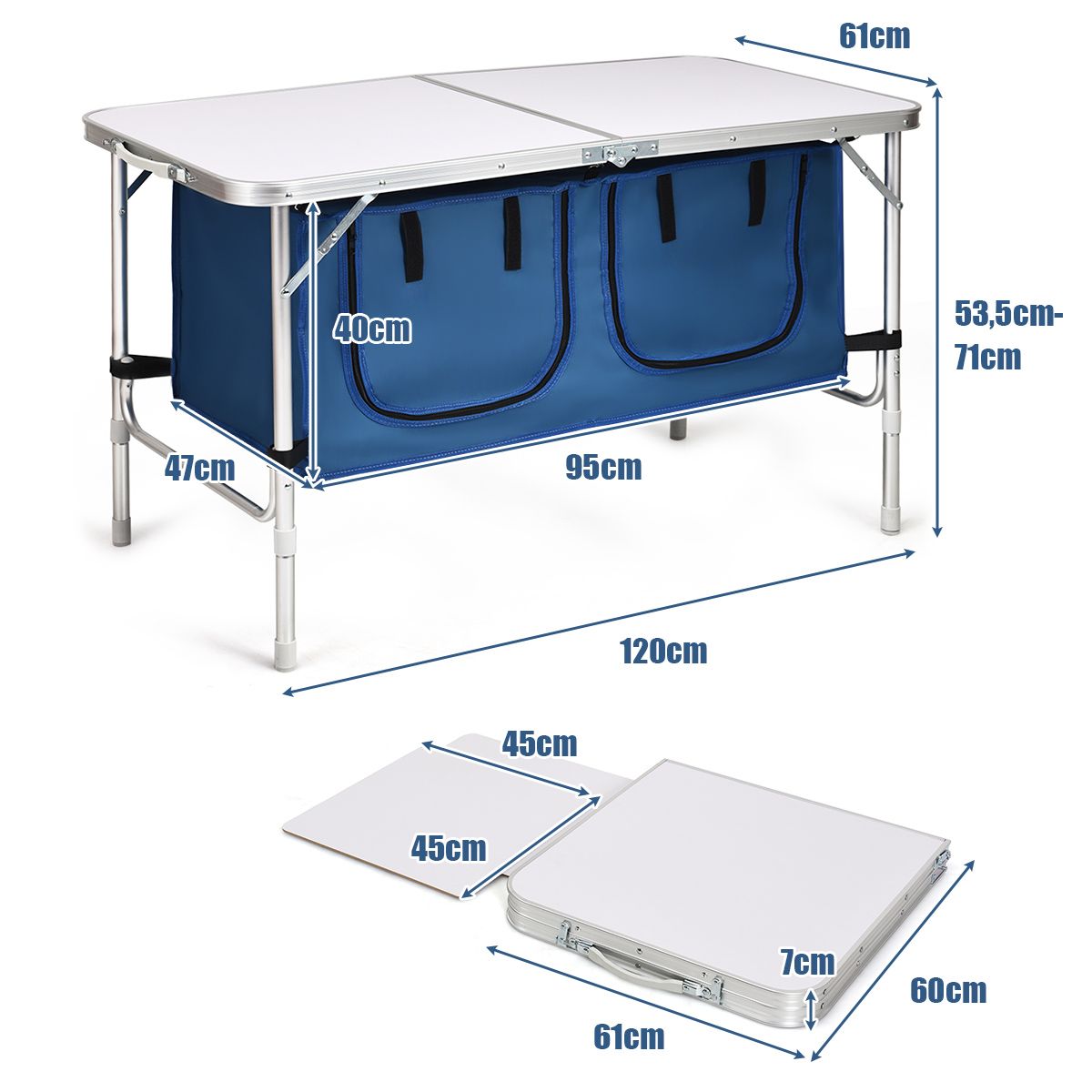 Coast Campingtafel met opbergruimte - verstelbare hoogte - opvouwbaar - donkerblauw 120 x 60 cm