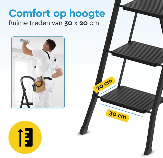 BRASQ Huishoudtrap 4-treden Zwart - keukentrap inklapbaar metaal voor Particulier en professioneel gebruik - Trap Ladder - Anti slip