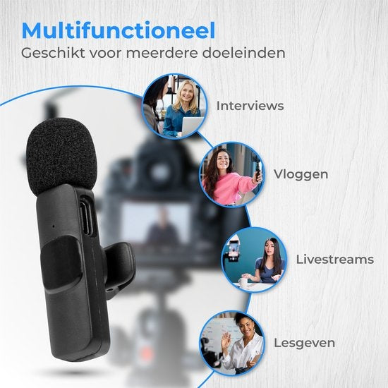 Nuvance - Draadloze Microfoon - Dasspeld Microfoon - Geschikt voor Usb-C & Apple Lightning - Lavelier Microfoon - Plug & Play