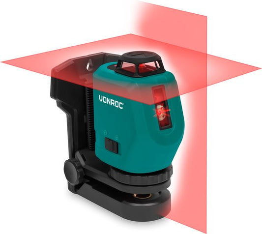 VONROC Kruislijnlaser – 360° - rood – 4V accu – 2600mah - zelfnivellerend – ±20 meter bereik - Incl. bevestigingsbeugel, USB-C kabel & opbergtas