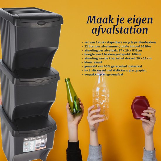 Afvalscheidingsbakken - Stapelbaar - Kunststof - 3 x 22 liter