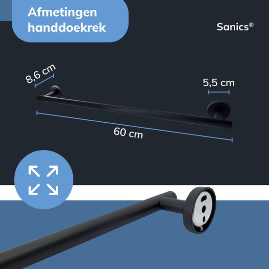 Sanics Handdoekrek 60 cm – Zwart RVS – Inclusief Montageset