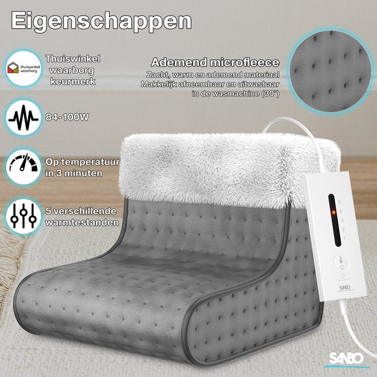 Sanbo Elektrische Voetenwarmer met Timer - 5 warmtestanden - Wasbare Binnenvoeging - Elektrisch - Voeten Warmer - Antraciet
