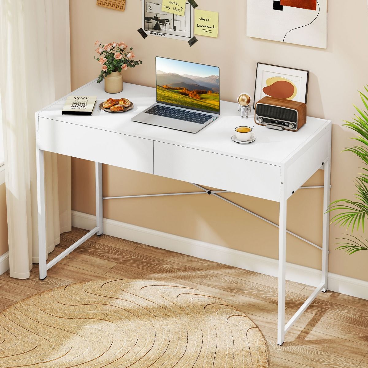 Coast Bureau met 2 lades - compact - stabiel metalen frame - rustiek bruin en zwart - 111 x 48 x 76 cm
