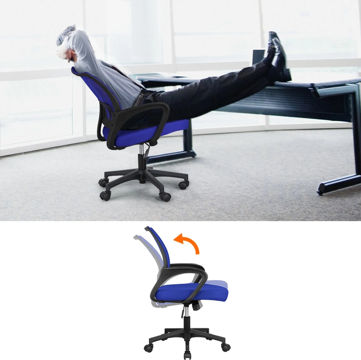 Yaheetech Bureaustoel Ergonomisch – Voorzien Van Ademende Meshstof En Schommelfunctie En Brede Zitting – Voor Kantoor En Studeerkamer – Blauw Nylon En Staal – 60,5 x 60 x 87-97 cm