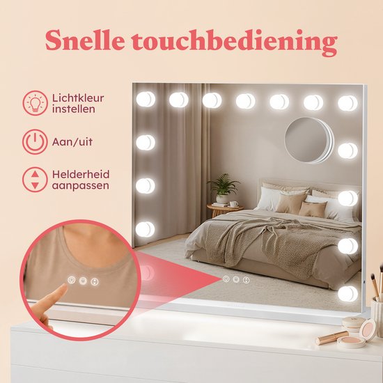 Fraay® Hollywood Spiegel met Verlichting 60x50cm - 3 Lichtstanden - Luxe Make Up Spiegel met 10x Vergrootspiegel - LED Verlichting Dimbaar - Incl. 2 Beauty Blenders en Powder puff