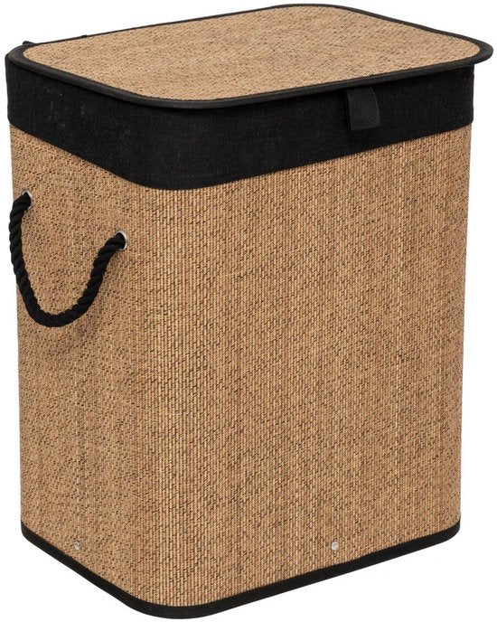 5Five Wasmand met deksel - bamboe hout - 60 Liter- naturel zwart - 41 x 30 x 50 cm
