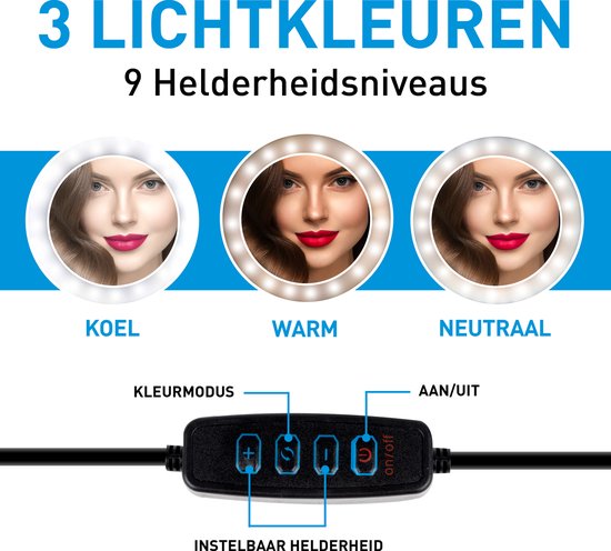 Grundig Ringlamp met Statief - Verstelbare Ringlamp tot 195 cm - Tiktok Lamp met Telefoonhouder - Selfie Ring Light - Ringlamp met 3 Lichtstanden - Make-up Lamp