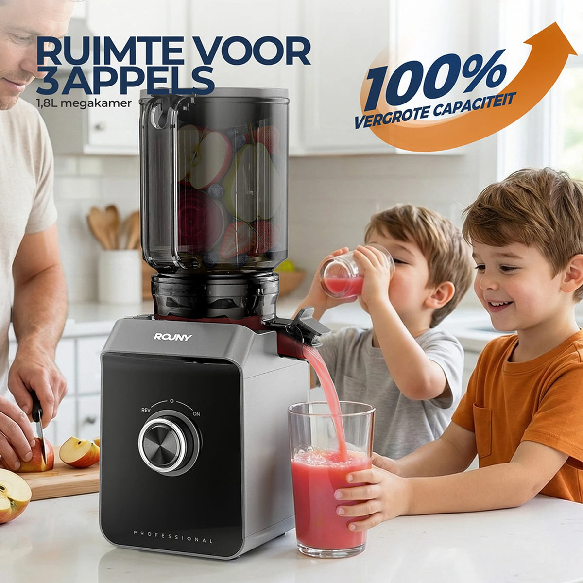 Rouny Slow Juicer FF Pro Max - 150 W Koudperssapcentrifuge - 130 mm Vulopening - Filtervrij - Fruitijsfunctie - 1,8 L - Zwart