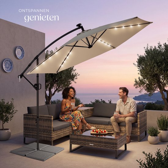 tectake® Zweefparasol met Voet - 3 x 3 m - Tuinparasol met LED-Verlichting op Zonne-Energie - Draaibaar - Waterafstotend Polyester met UV-Bescherming - Inclusief Hoes - Beige