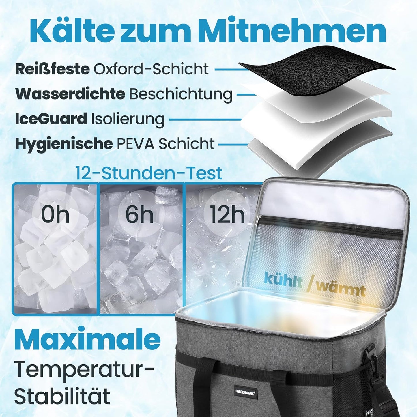 Heldenwerk Koeltas - 30L - 12 uur - 7 compartimenten - Grijs