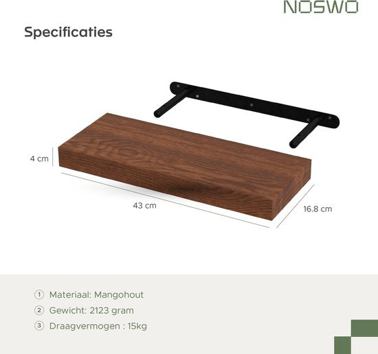 Noswo Zwevende Wandplank - Set van 2 met 15 kg Laadvermogen - Massief Mango hout - Muurplank - 43x16,8 x4 cm - Te gebruiken als Wandplank, Boekenplank en Fotoplank - Inclusief Bevestigingsmateriaal