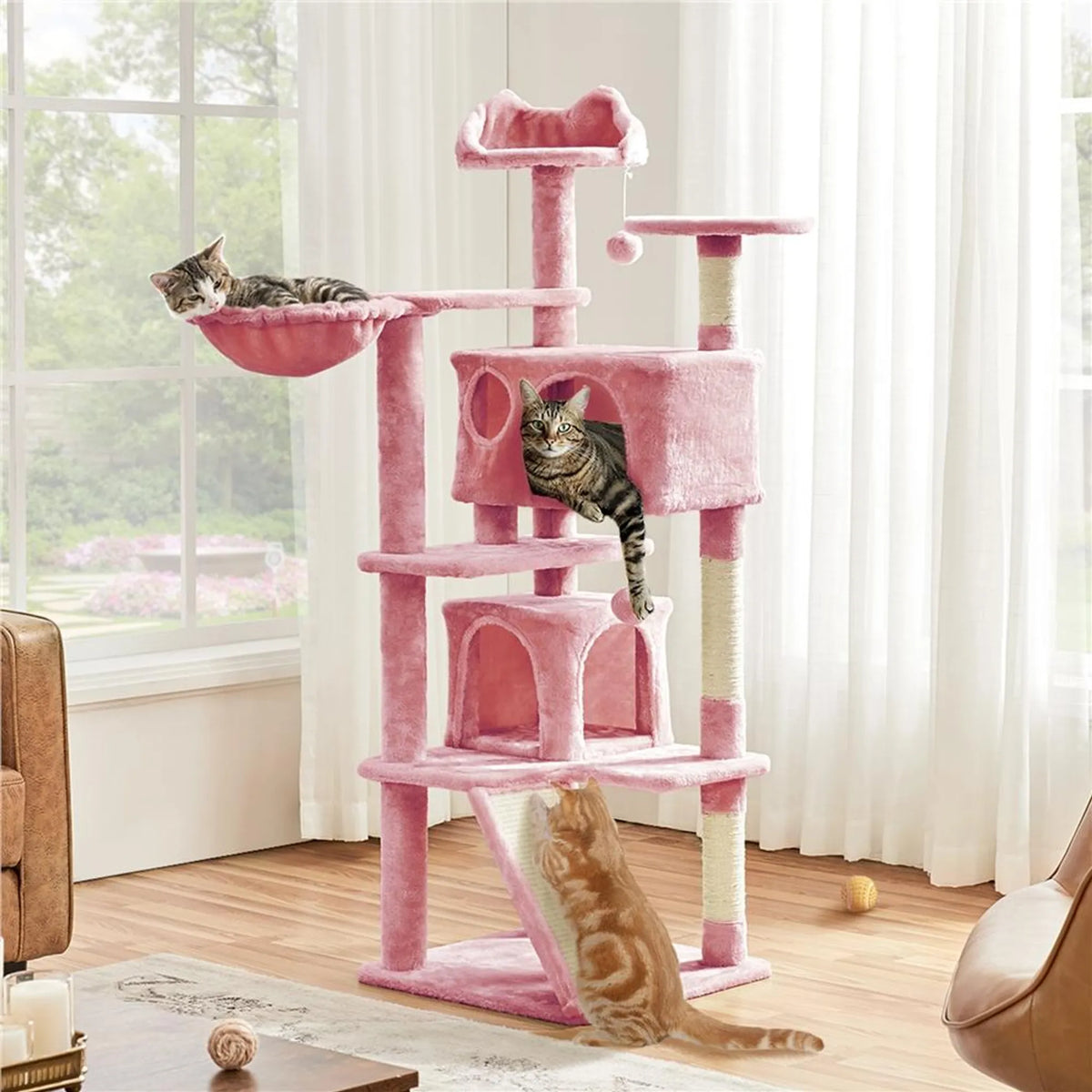 Yaheetech Grote Krabpaal met 5 Verdiepingen 146 cm – Sfeervol Roze – Sisal en Pluche