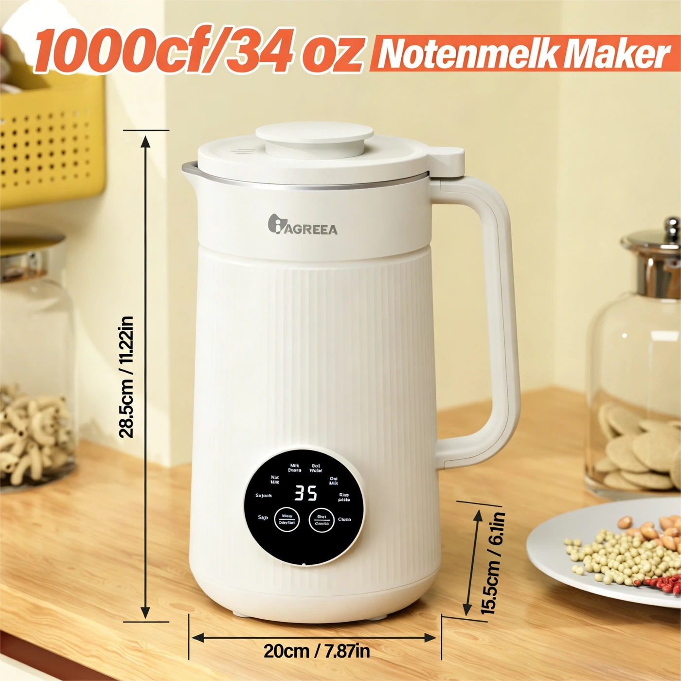 Iagreea Notenmelkmaker 8-in-1 1000ml - Soja & Havermelkmaker met Verwarmingsfunctie - Wit