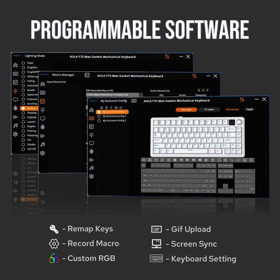 AULA F75 MAX - Zwart/Grijs - Mechanisch Draadloos Toetsenbord - RGB - 75% - QWERTY - Gaming Keyboard - Leobog Reaper Switch