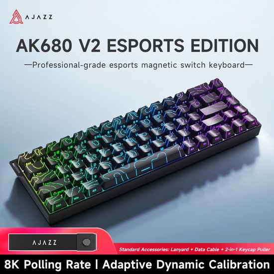 Ajazz AK680 V2 HE - 65% Bedraad Gaming Toetsenbord - Magnetische Toetsen - Hall Effect - Rapid Trigger - QWERTY - Zwart contourlijn