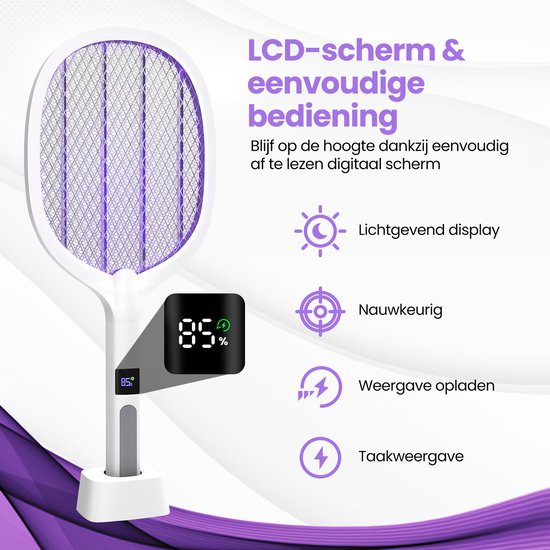 TTD® Premium Elektrische Vliegenmepper en Muggenlamp Oplaadbaar met XXL 2 Meter Oplaadkabel en LCD Scherm - 2 Standen Vliegenmepper en Muggenlamp - 2500 Volt - Oplaadbaar via USB en Stopcontact - Met Veiligheidsnet - UV-Licht - Vliegenvanger