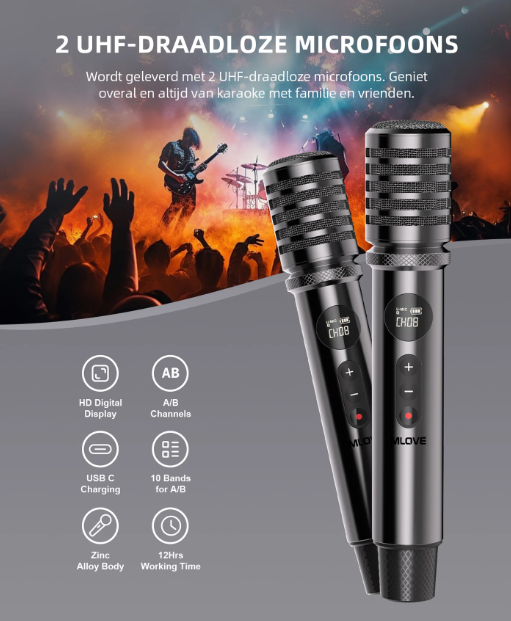 MLOVE D5 Karaoke Machine - 200W - 2 Draadloze Microfoons - Bluetooth - Zwart