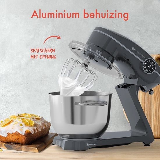 KitchenBrothers Keukenmachine - Touch Display en Timer - Keukenrobot - 6L - 1800W - Aluminium - Antraciet