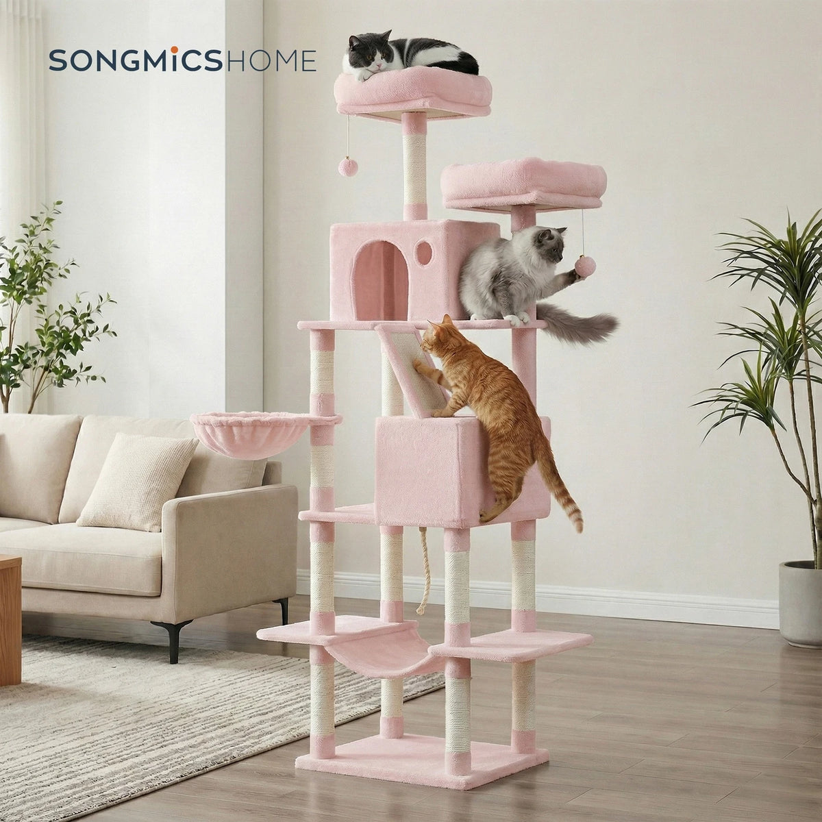 Joyfurnos Krabpaal 206 cm - XXL Kattentoren met 13 Krabstammen, 2 Kattenhuisjes & Hangmat - Roze