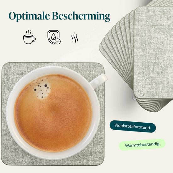 Castagnola Kunstlederen Onderzetters – Onderzetters voor Glazen – Design Onderzetters met Houder – Leren Onderzettersset met metalen houder – Leder – Set van 10 - Gemêleerd Groen - 10x10cm