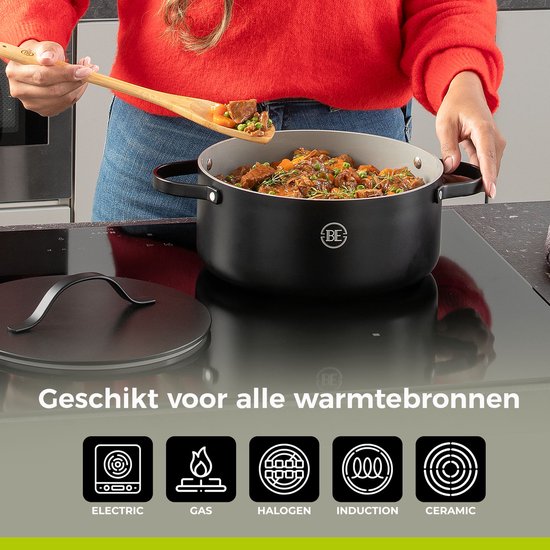 BE Living Essential Braadpan met Deksel - Ø 24 cm - Kookpan - Keramisch - PFAS vrij - Inductie - Zwart
