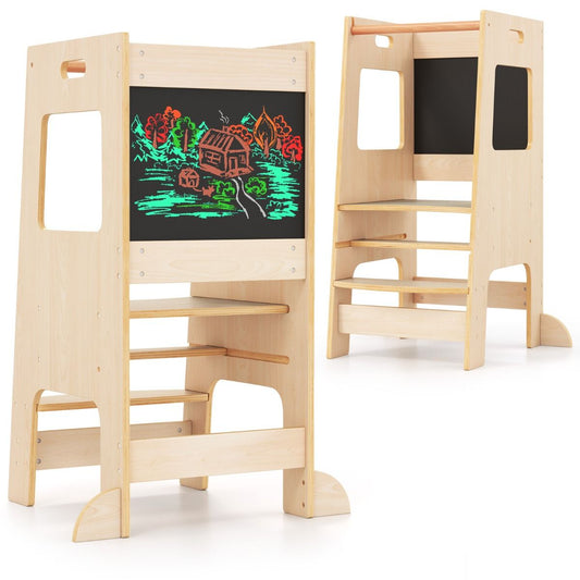 Coast Keukentrapje voor Peuters - Houten Kinderkrukje met Activiteitenbord - Verstelbaar 30/40 cm - Veiligheidsreling - Naturel 60 x 49 x 91,5 cm