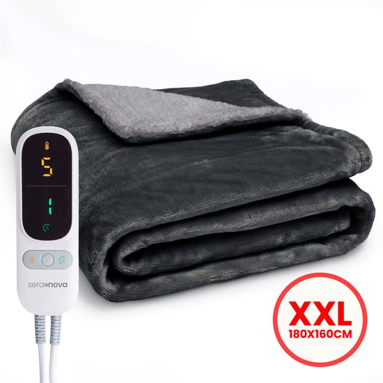 Seranova Elektrische Deken XXL - Extra Warmtedraden - Premium Model - 180x160 cm - 2 persoons Warmtedeken - Dubbelzijdig Fleece Sherpa - Antraciet