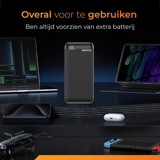 Drivv. Powerbank – 20.000 mAh, Snelladen & LED-display – 22,5 W – Zwart