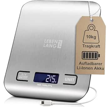 LEBENLANG - Digitale Keukenweegschaal USB-Oplaadbaar – Tot 10 kg - RVS Design, Tarra-Functie & LCD Display - Keukenweegschaal voor Bakken, Koken, Dieet & Koffie