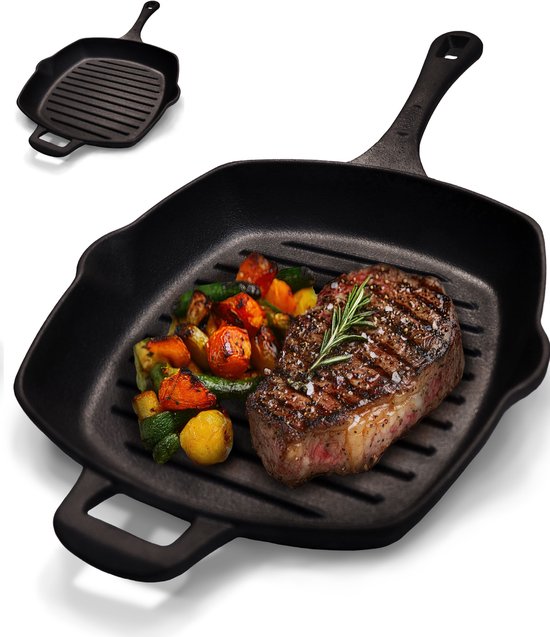 Chefarone Gietijzeren Grillpan – 25,5 cm – Voor Inductie, Gas, Oven & BBQ – Vierkante Grillpan met Ribbels – Perfecte Grillstrepen & Warmteverdeling – Pan met Handgreep