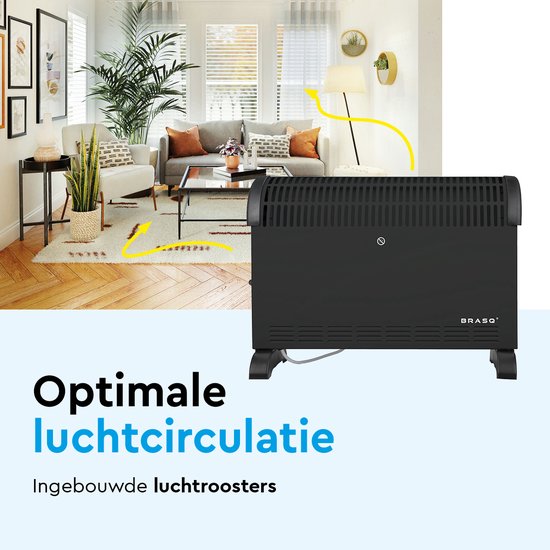 BRASQ Elektrische Convectorkachel - Verstelbare thermostaat - Elektrische Kachel - 750/1250/2000 watt - Verwarming - Zwart