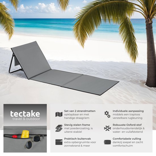 tectake® Strandmat - Set van 2 opvouwbare ligmatten met verstelbare rugleuning, draagriem en opbergvak - Ideaal voor strand, camping of tuin - Lichtgewicht en onderhoudsvriendelijk - Grijs
