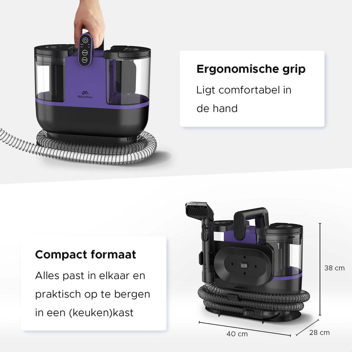 Motionflow 4-in-1 Vlekkenreiniger - Verwarmingsfunctie en Zelfreinigend - 4 Borstels / opzetstukken - inclusief Schoonmaakmiddel