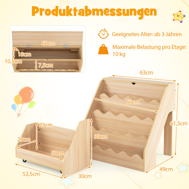Coast Kinderboekenkast met Verrijdbare Opbergbak – 63 x 49 x 61,5 cm – Naturel