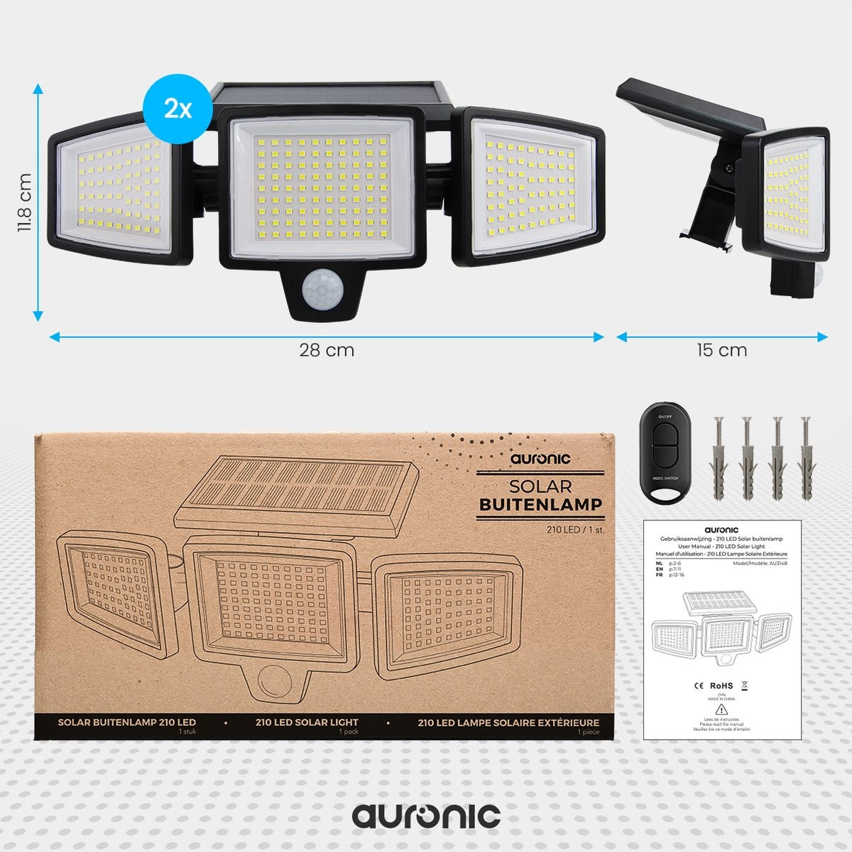 Auronic Solar Buitenlamp met Bewegingssensor - Wandlamp met Sensor - Zonne-energie - 210 LED's - IP65 - 2 Stuks - Zwart